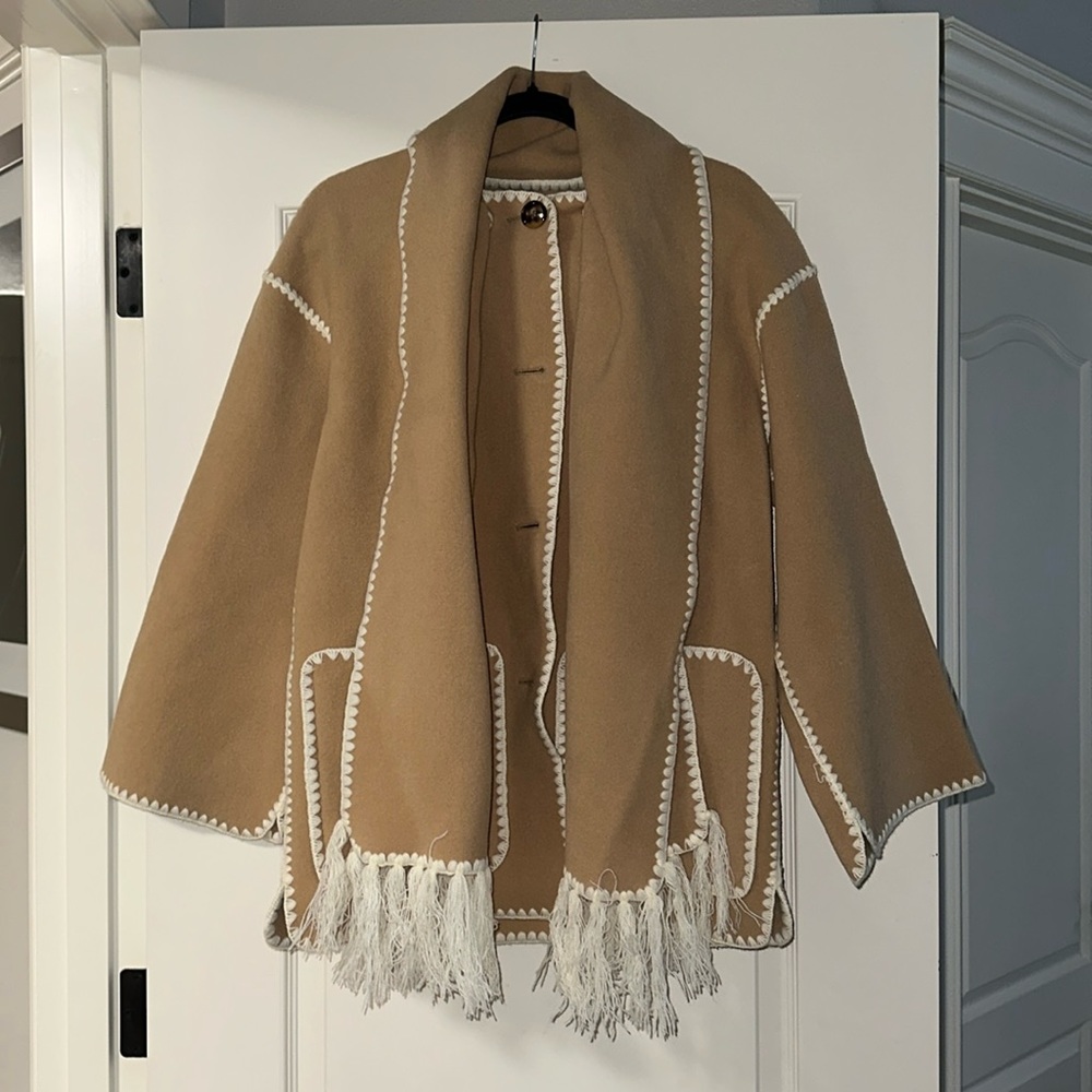 NORDIC STYLE CROCHET EDGE SINGLE BREASTED POCKET WOOL TRIM SCARF COAT